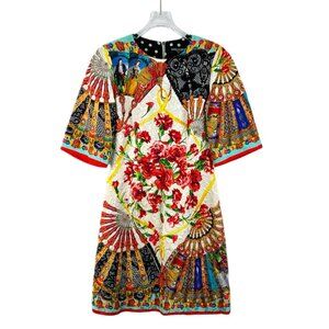 Dolce & Gabbana Peacock Floral Print Crewneck Short-Sleeve Dress